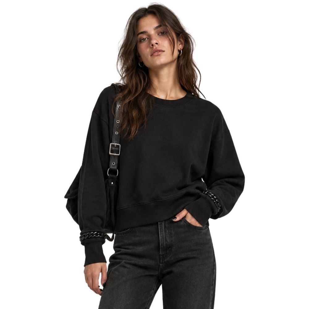 All Saints Sweatshirt Size 2 Black Soph Cropped Chain Cotton Pullover Grunge